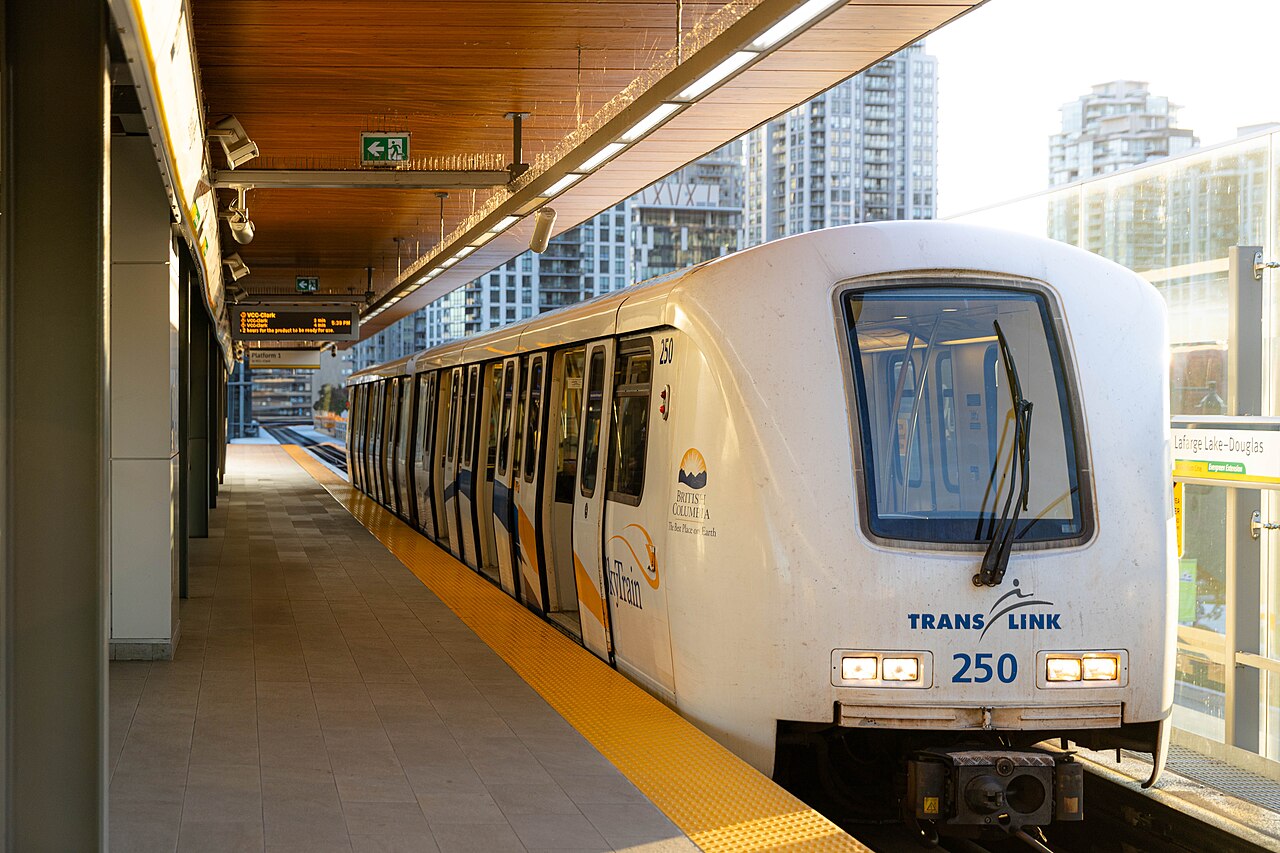 A Millennium Line train at Lafarge Lake–Douglas Station in Coquitlam